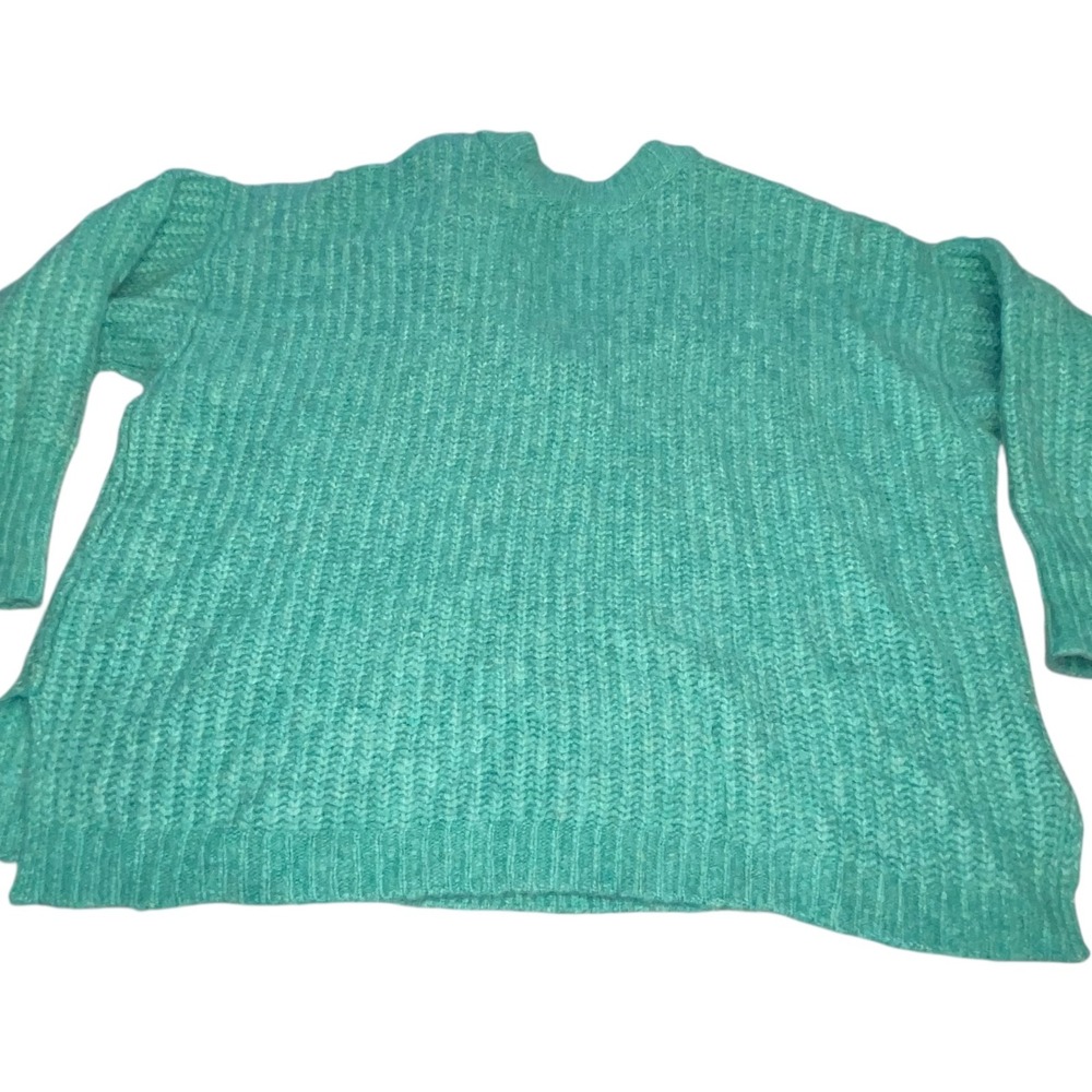 Free People Women's Knit Sweater Blue Bell V Neck Teal Large Oversized Chunky - Picture 2 of 7